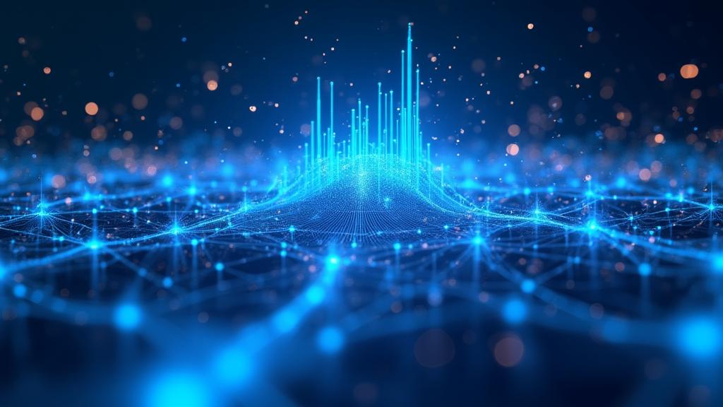 Abstract visualization of data flowing from traditional charts into a machine learning neural network