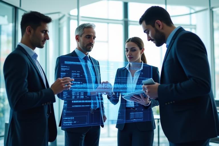 Diverse group of professionals analyzing a digital holographic interface with data metrics