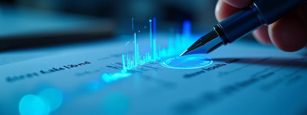Close up of a legal document with a digital signature and analytical overlay